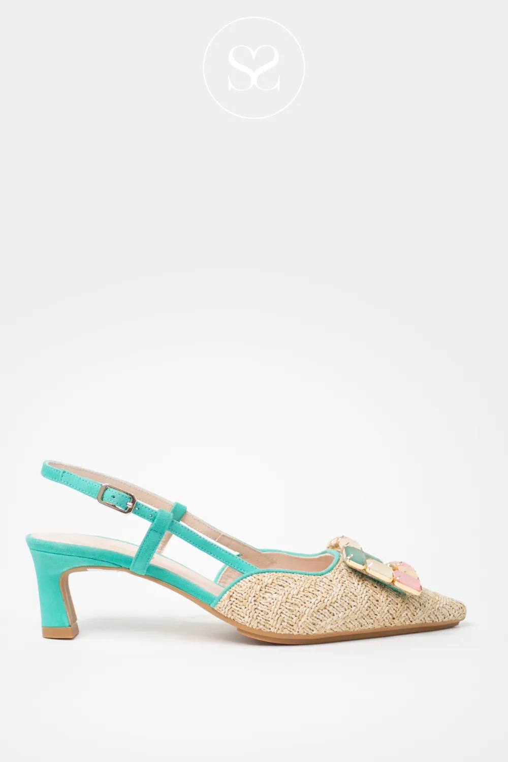 LODI CHIMANE - GREEN & NATURAL WOVEN SLINGBACK KITTEN HEEL