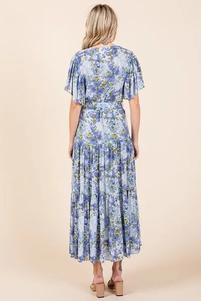 Mittoshop Floral Tie Waist Flutter Sleeve Tiered Dress