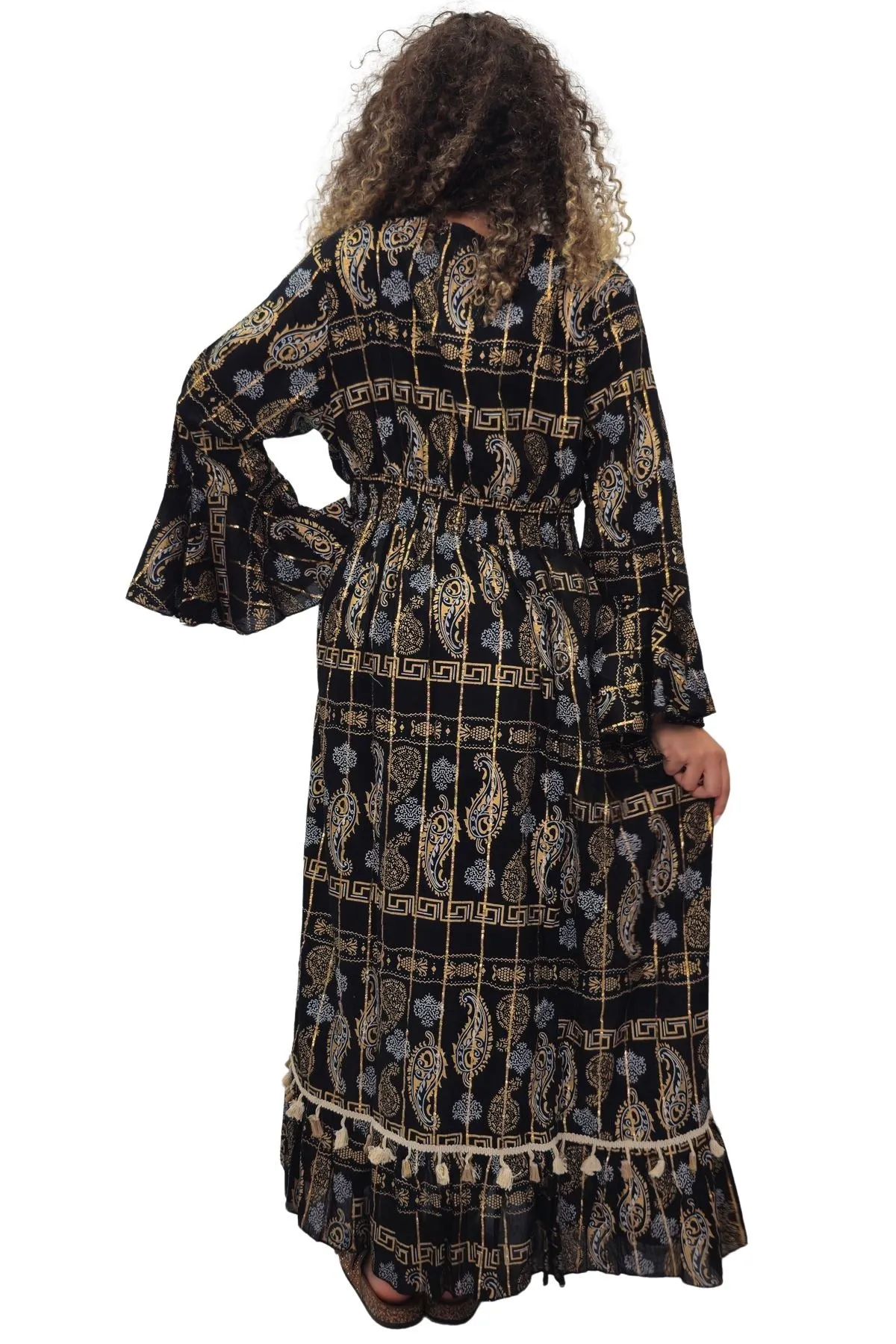 Paisley Geometric Motifs With Grecian Border Vintage Bohemian Dress
