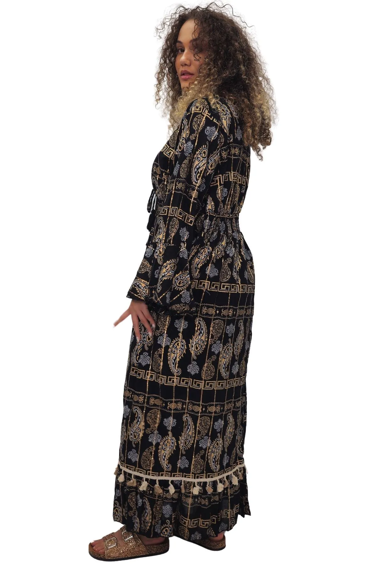 Paisley Geometric Motifs With Grecian Border Vintage Bohemian Dress