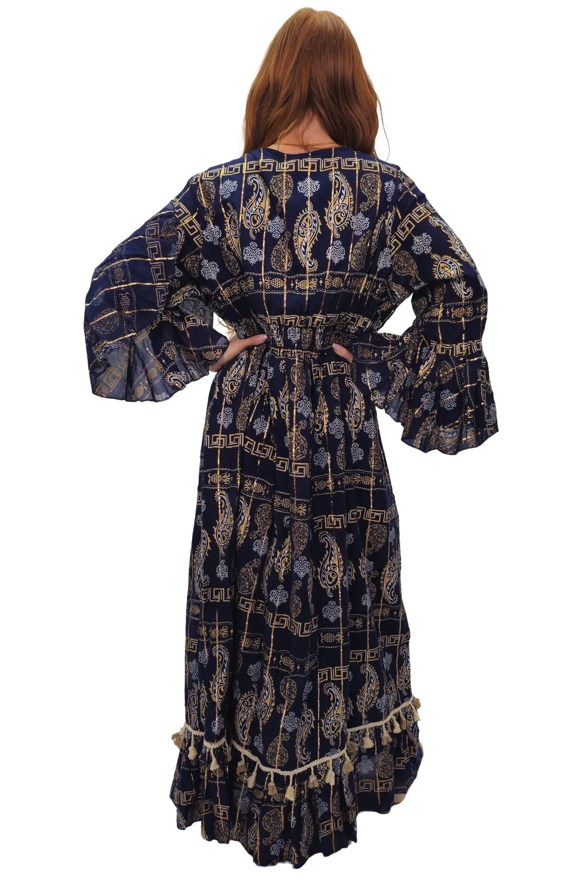Paisley Geometric Motifs With Grecian Border Vintage Bohemian Dress