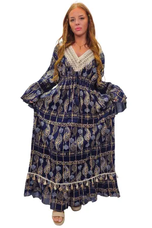 Paisley Geometric Motifs With Grecian Border Vintage Bohemian Dress