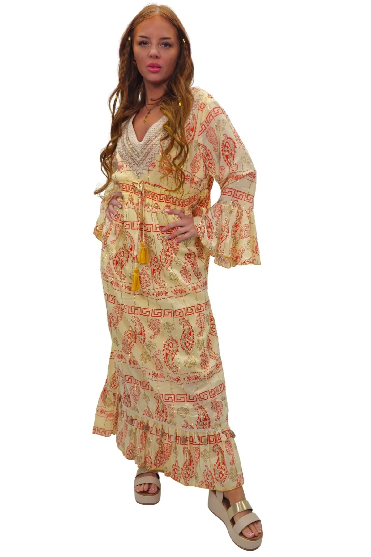 Paisley Geometric Motifs With Grecian Border Vintage Bohemian Dress