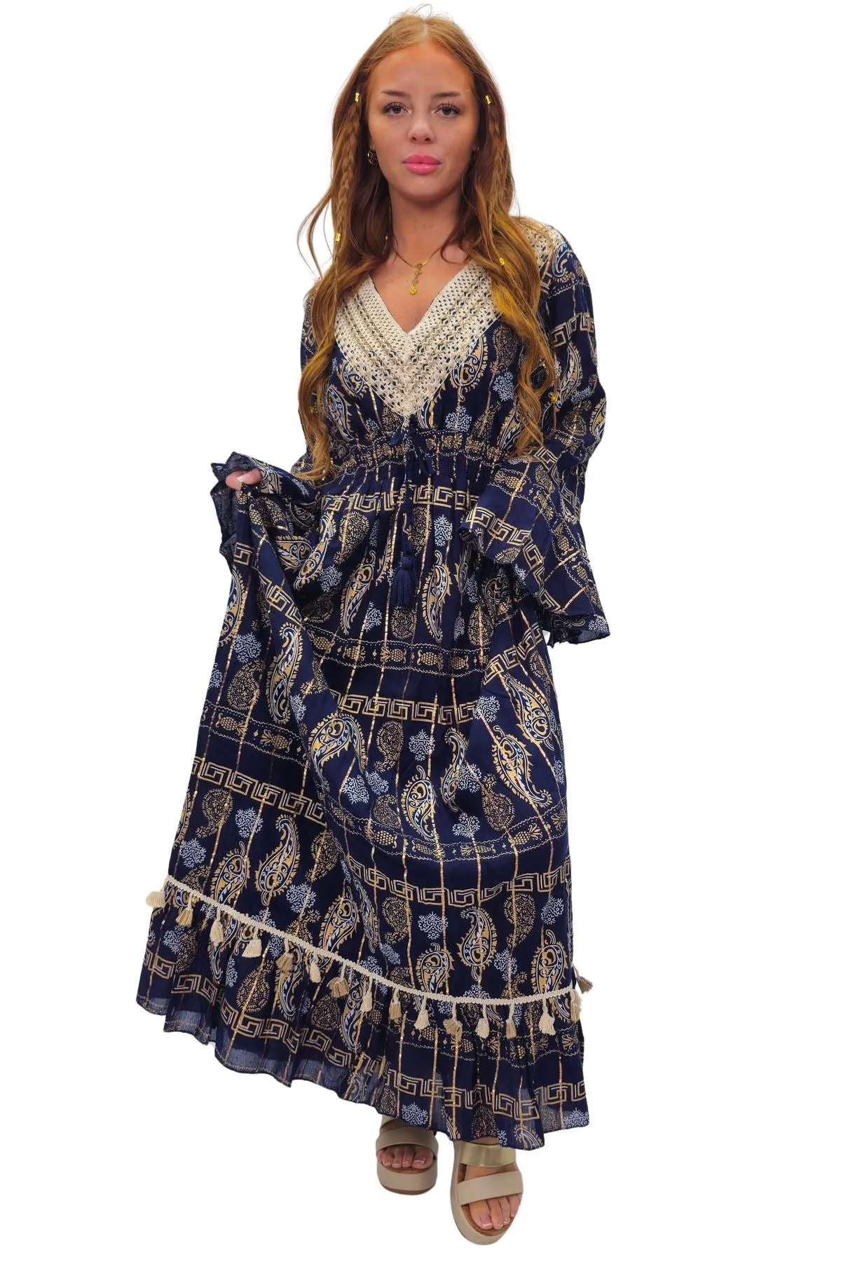 Paisley Geometric Motifs With Grecian Border Vintage Bohemian Dress