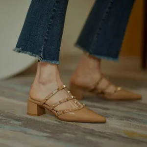 Summer New Fashion Retro Riveting Nail Graceful Slipper Women's Outer Wear Muller Shoe Tip Half Slippers