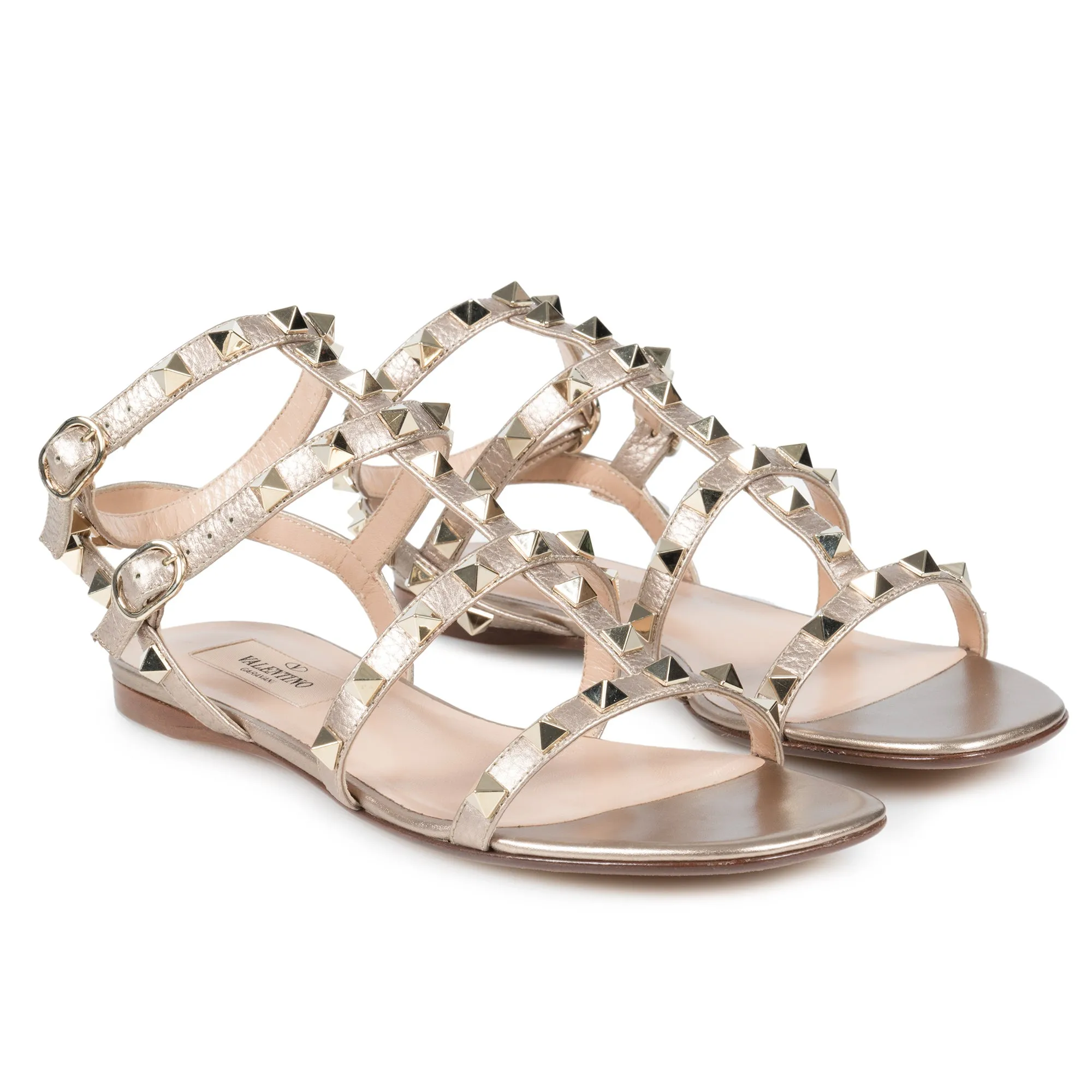 Valentino Rockstud Caged Flat Sandals in Metallic Elk-Print