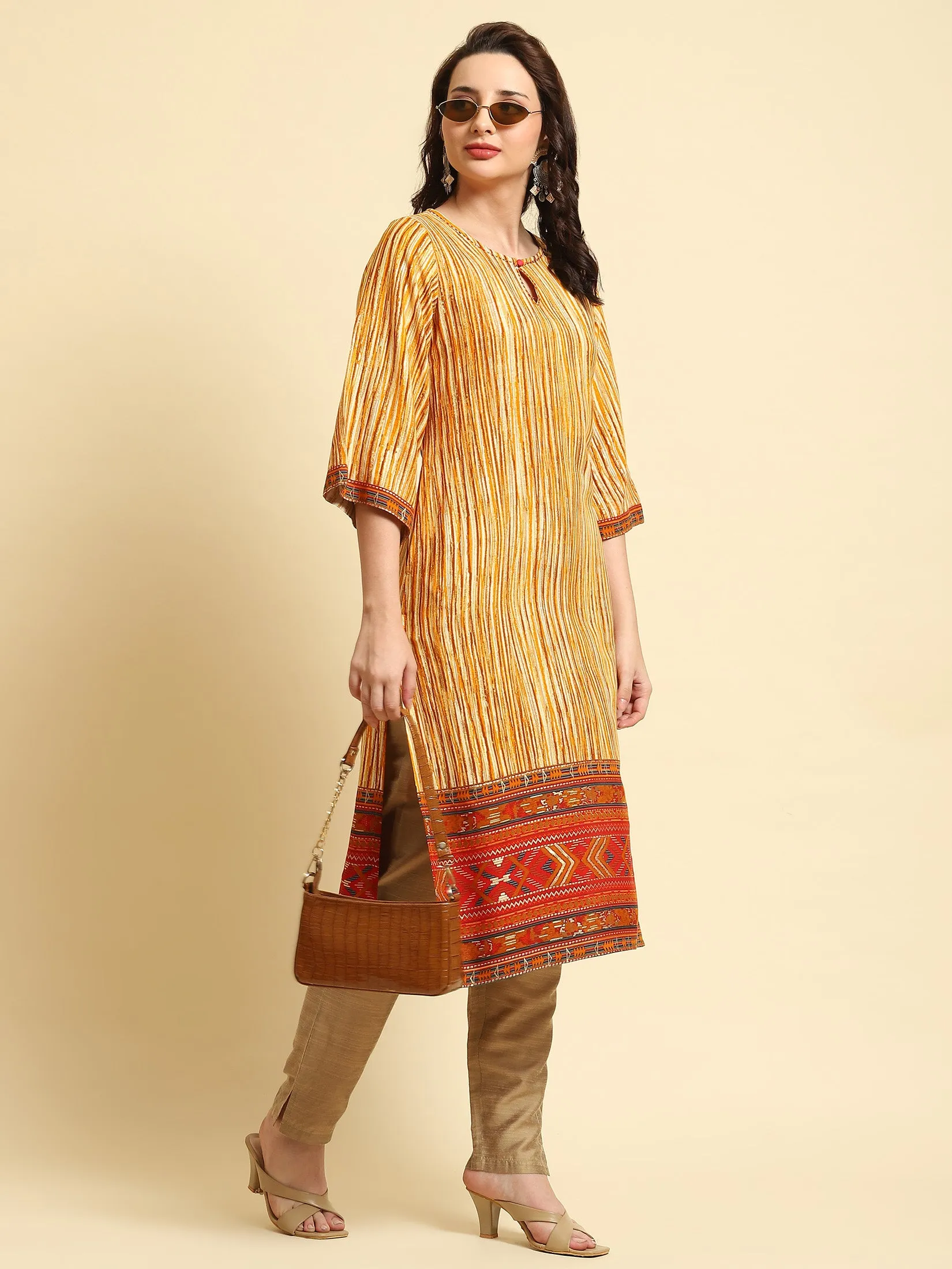 Women Yellow Stripe Printed Kurta