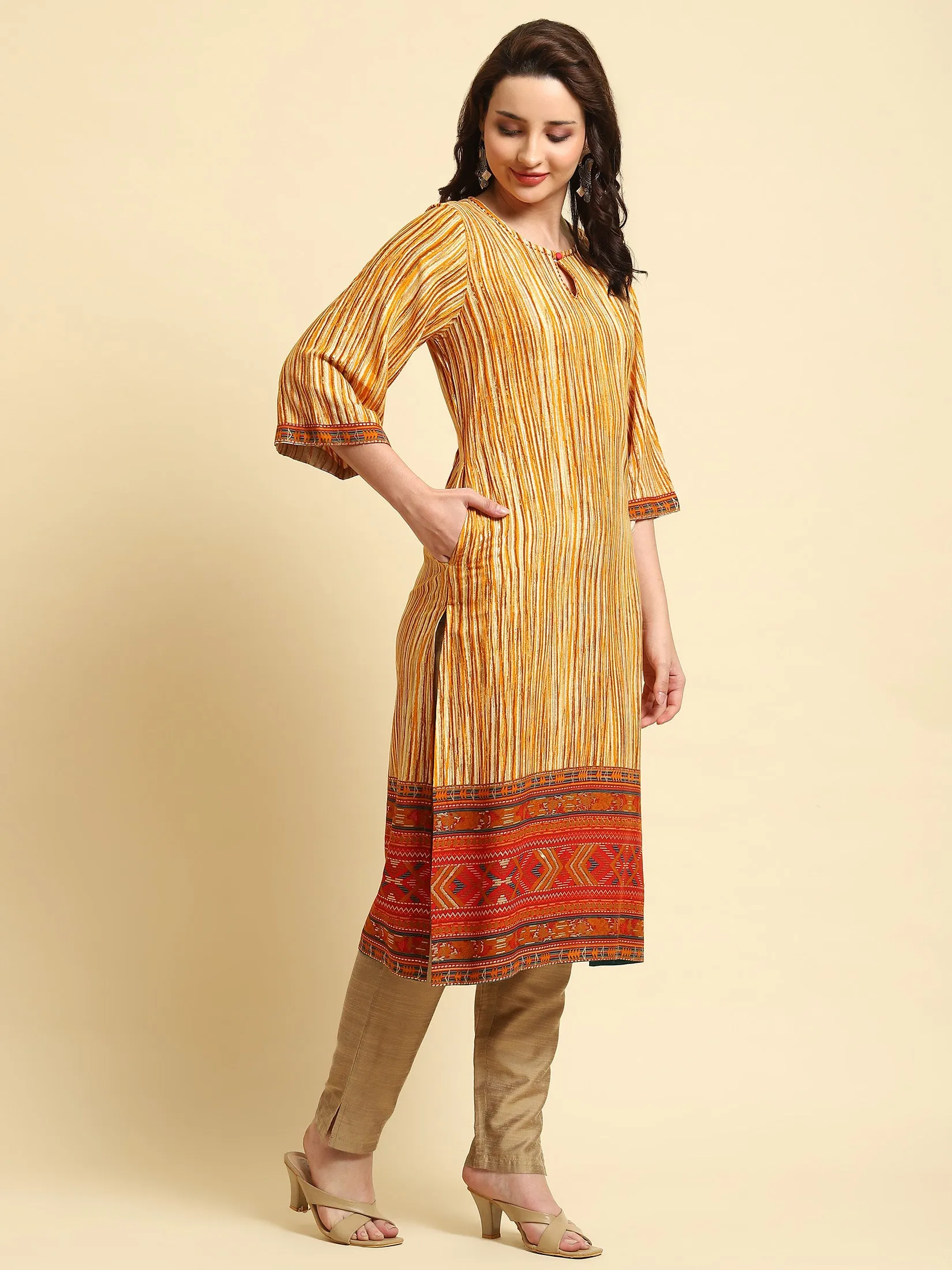 Women Yellow Stripe Printed Kurta