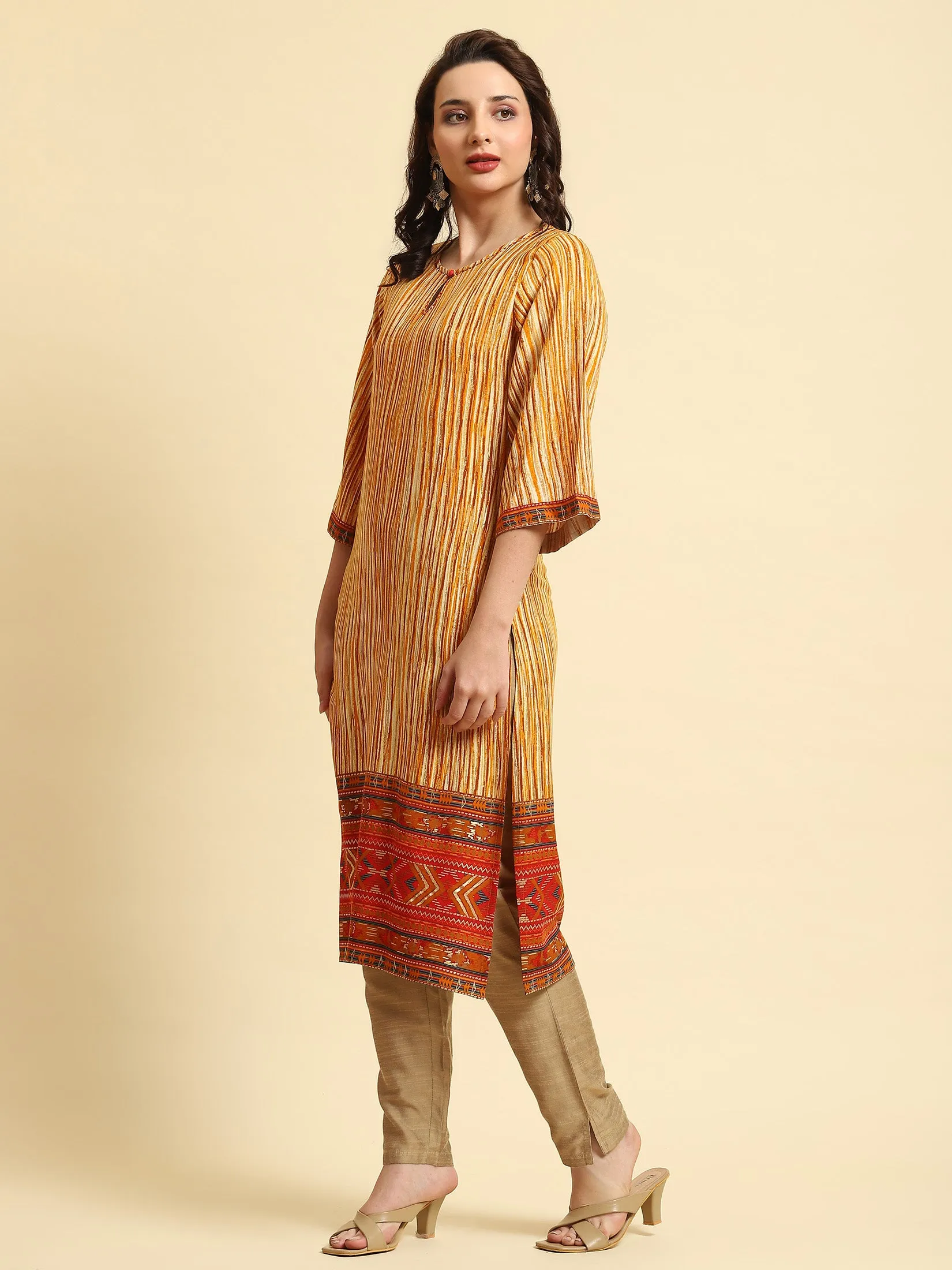 Women Yellow Stripe Printed Kurta