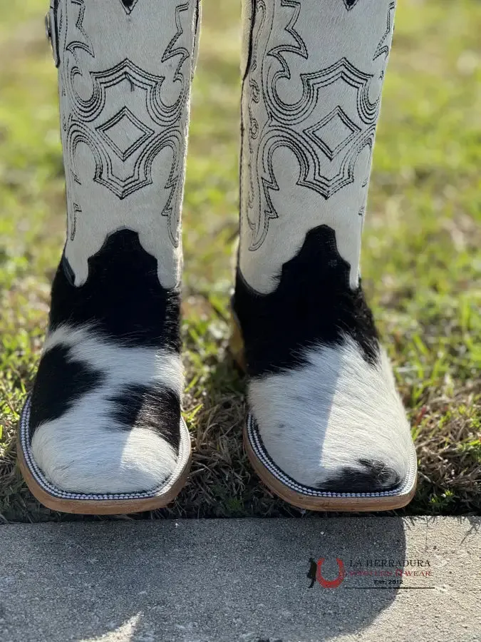 WOMENS KATHERINE BLACK & WHITE COWHIDE TOP BOOT (EVERY PAIR IS UNIQUE)