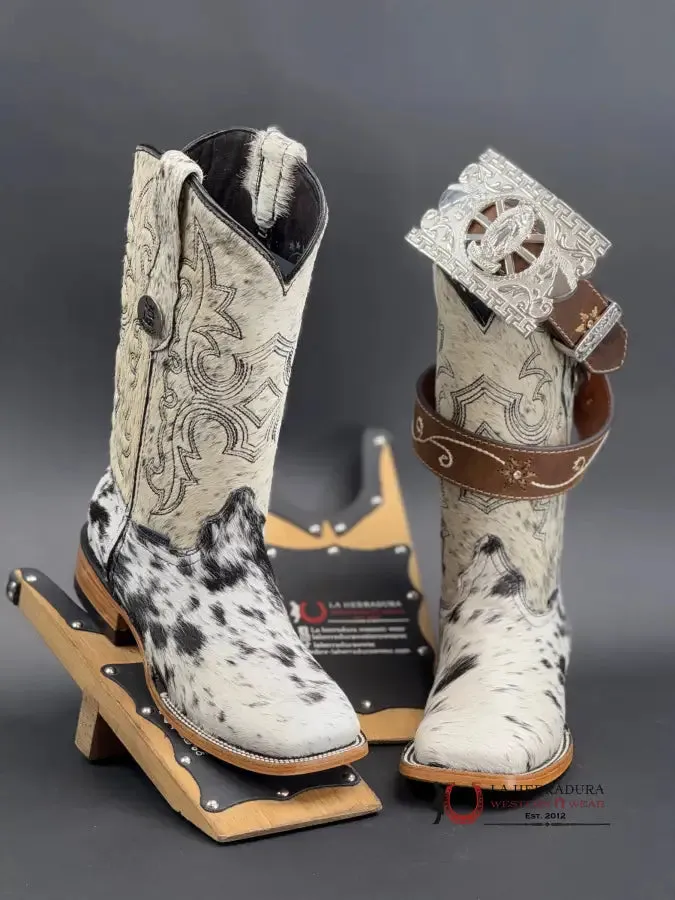 WOMENS KATHERINE BLACK & WHITE COWHIDE TOP BOOT (EVERY PAIR IS UNIQUE)