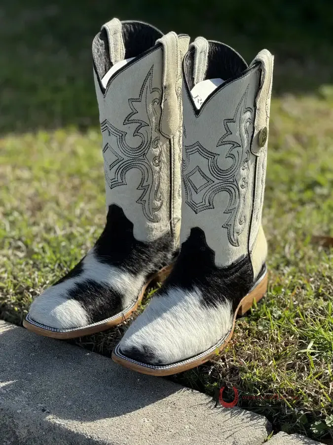 WOMENS KATHERINE BLACK & WHITE COWHIDE TOP BOOT (EVERY PAIR IS UNIQUE)