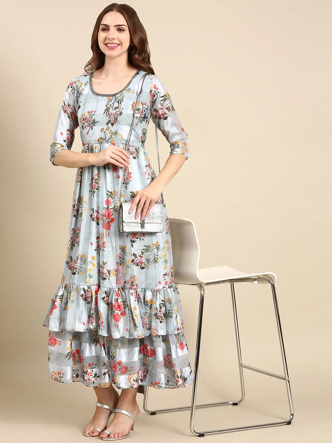 Women's Sea Green Printed Maxi Kurta